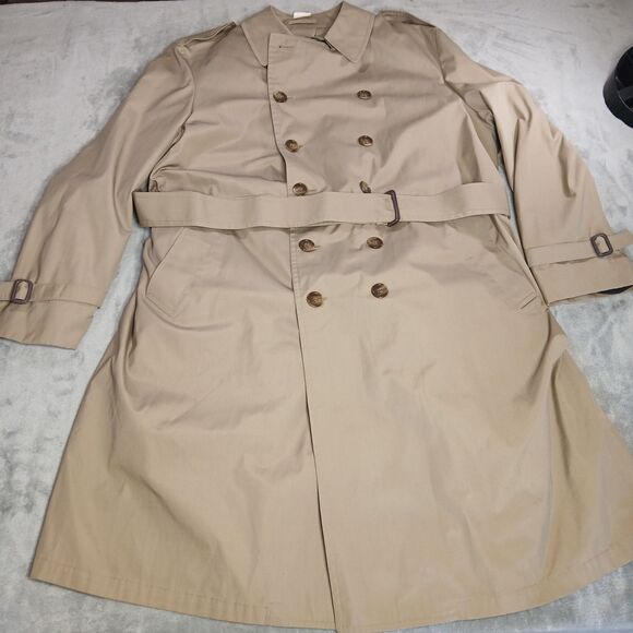 London Fog Trench Coat Mens 46R Khaki Belted Double Breasted Button Vtg USA Made - Picture 2 of 16